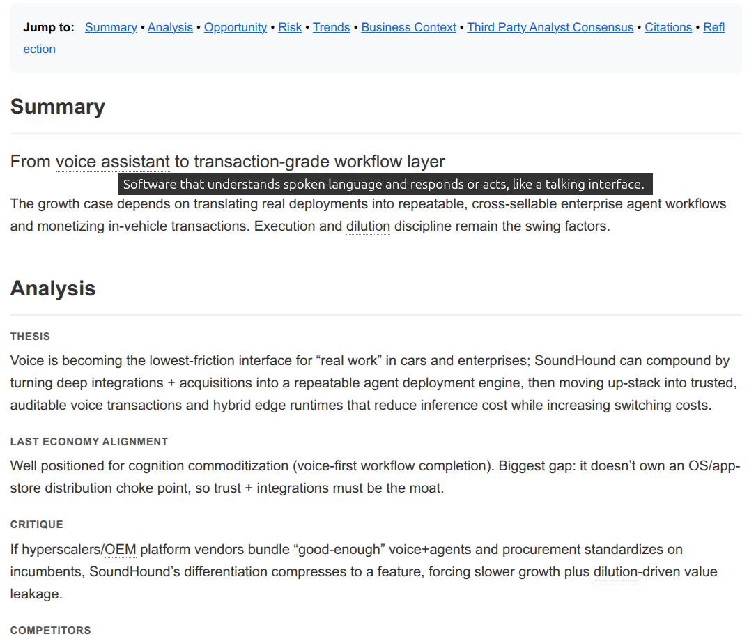 Sample analysis card showing thesis, M.I.N.D. framework, risk assessment, and structural metrics